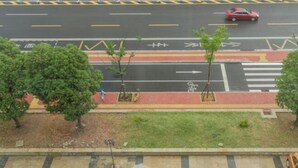 Vista da rua com faixa de pedestres, faixas de trânsito e travessia para pedestres.