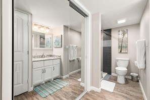 Shower, hair dryer, towels