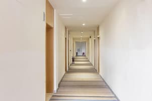 Un pasillo de hotel con suelo alfombrado, puertas a ambos lados y una pared de color claro.