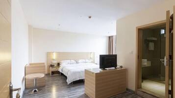 Habitación de hotel con cama, televisión, escritorio y zona de ducha.