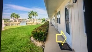 Une allée couverte offrant une vue sur une zone verdoyante et des palmiers.