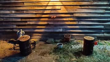 A rustic wooden wall with a hanging lantern, a small potted plant, and two wooden stumps on the ground.