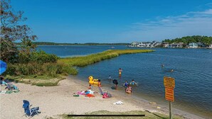 Una spiaggia sul lago con persone che nuotano e si prendono il sole, un'anatra galleggiante e un cartello che invita a pulire.
