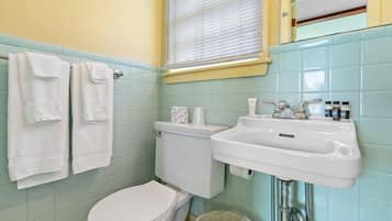 Bañera con ducha, secador de pelo, toallas