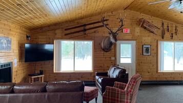 Smart TV, fireplace, books, music library