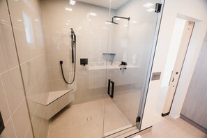 Combined shower/bathtub, hair dryer, towels, soap
