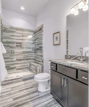 Combined shower/tub, hair dryer, shampoo