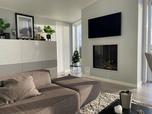 Televisión y chimenea 