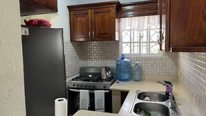 A compact kitchen with a gas stove, a refrigerator, a sink, and wooden cabinets. - LOVELY TWO BEDROOMS , TWO BATHROOMS IN HIGUEY (Higüey)