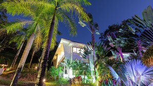 Una casa moderna rodeada de exuberante vegetación tropical, con palmeras y plantas de banano.