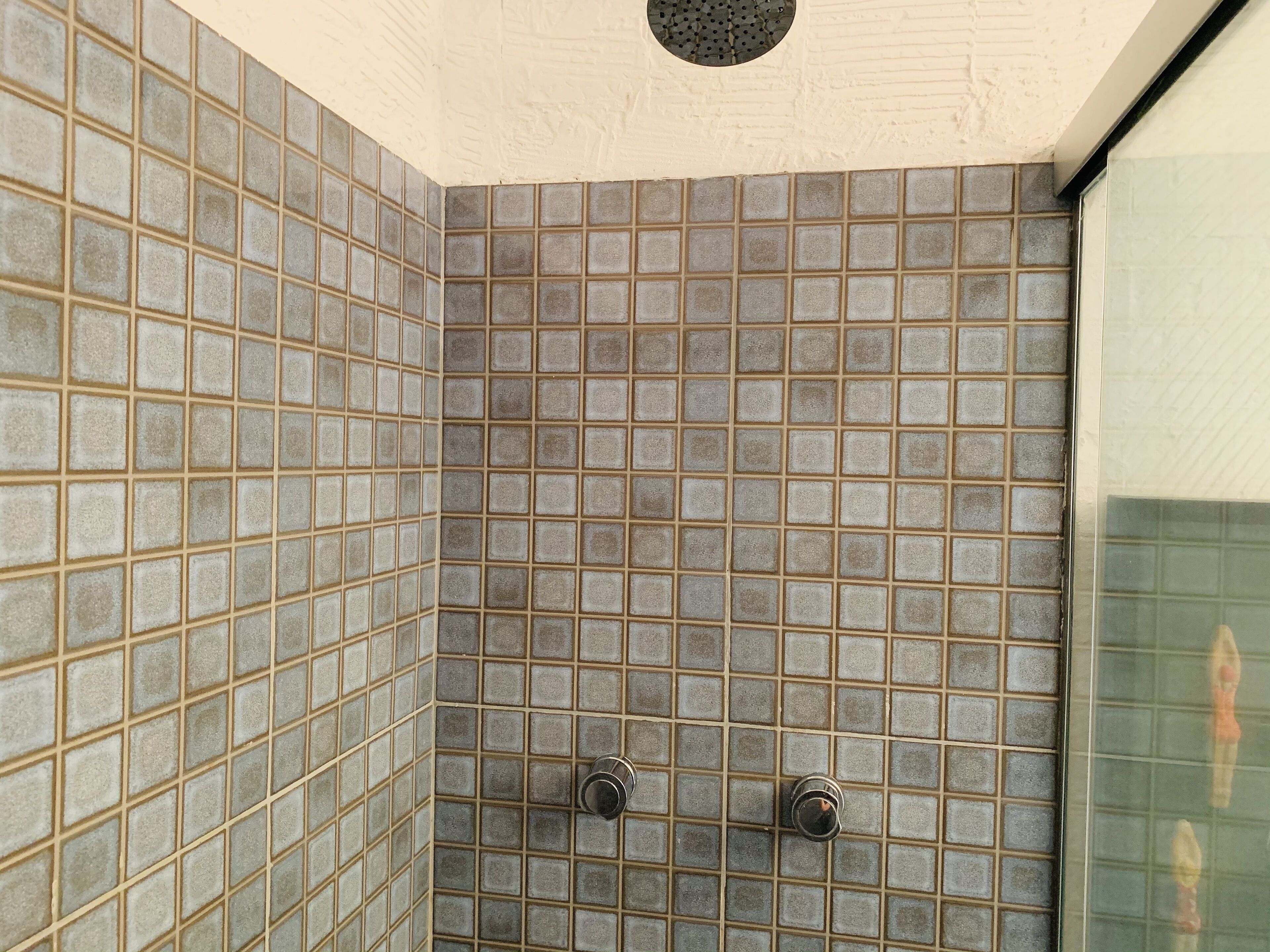 A tiled shower area with a grid pattern and two visible shower heads.
