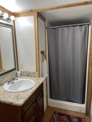 Shower, towels, toilet paper