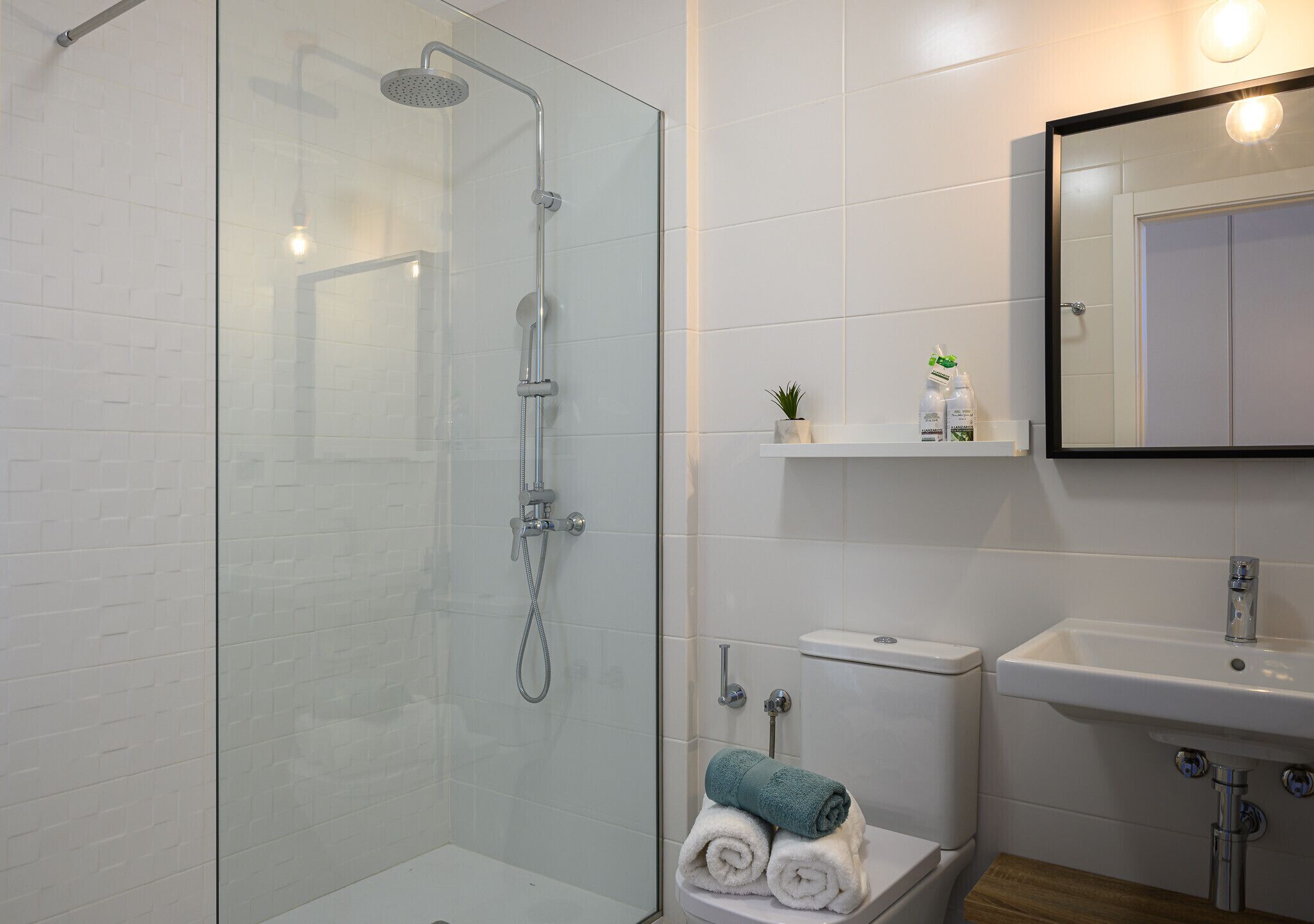 A modern bathroom with a glass shower enclosure, a toilet, and a sink.