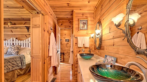 A wooden interior with a bathroom, a sink with a decorative bowl, and a bed with a pillow.