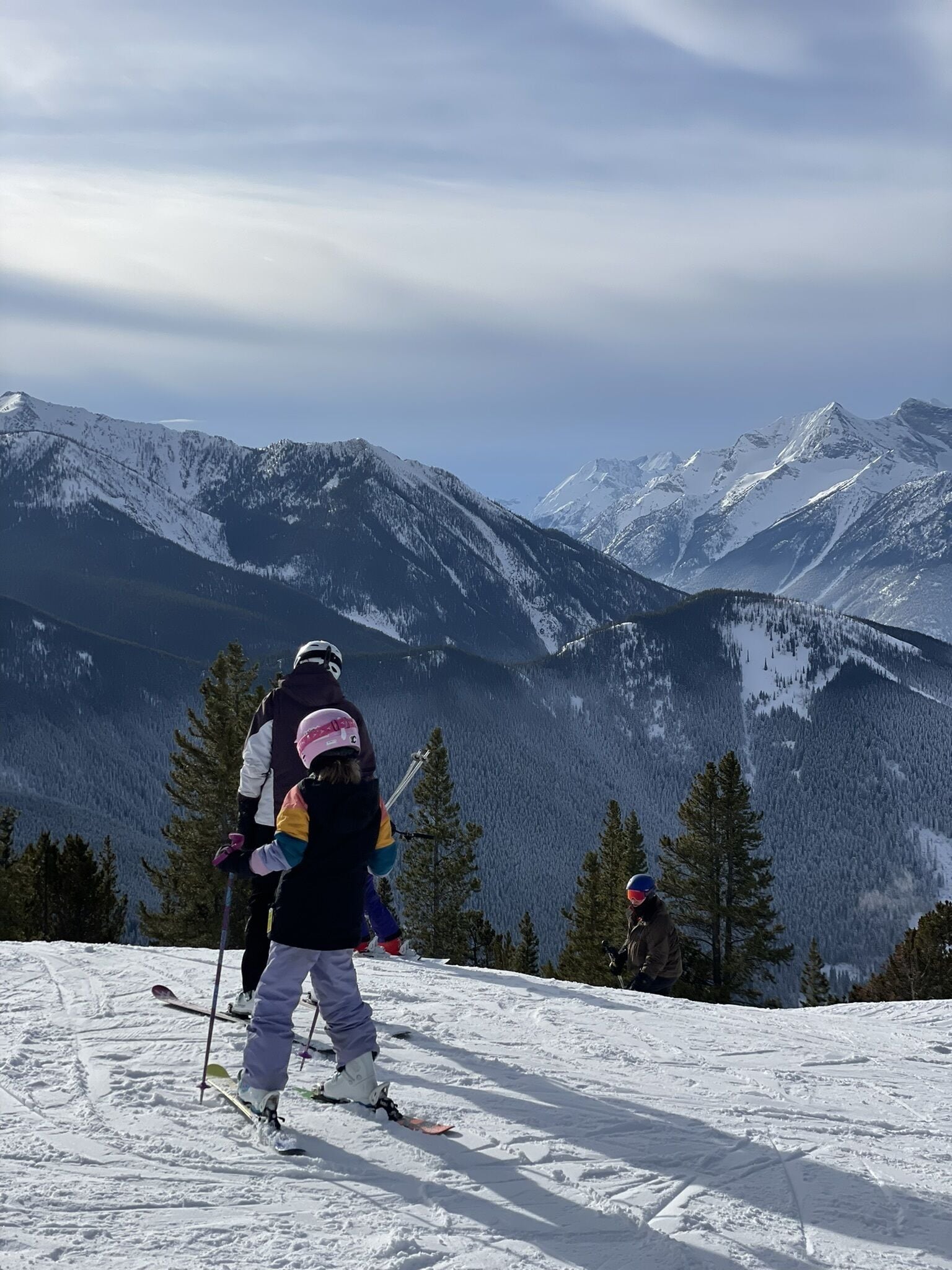 A snowy mountain landscape with skiers.