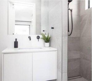 Shower, hair dryer, towels
