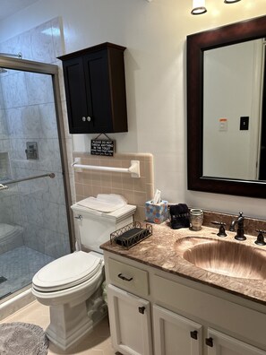 Combined shower/bathtub, hair dryer, towels, soap