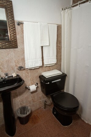 Chambre de base, 2 lits doubles | Salle de bain | Séchoir à cheveux, serviettes fournies, savon, shampooing