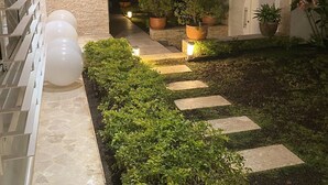 Un espacio exterior bien iluminado con un camino de piedra, plantas en macetas y una fachada de edificio moderna.