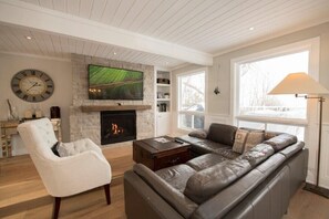 スマートテレビ、暖炉、書庫、ステレオ