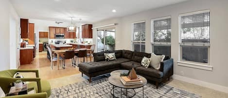 Smart TV, fireplace, books