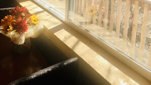 A room with a large window overlooking a snowy landscape, a wooden railing outside, and a vase with flowers on a table.