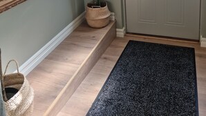 Un corridoio con pavimento in legno, un tappeto nero, una pianta in vaso e un quadro appeso al muro.