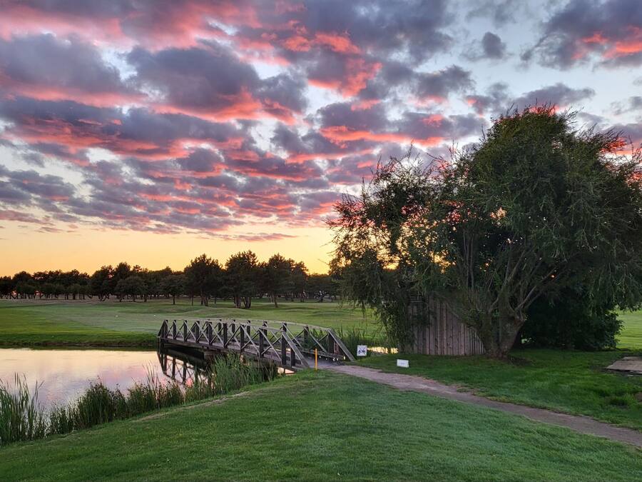 Un paisaje sereno con un puente de madera sobre aguas tranquilas, rodeado de exuberante vegetación y árboles bajo un cielo vibrante al atardecer.