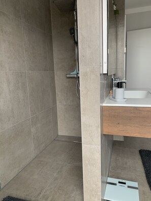 Douche, séchoir à cheveux, serviettes fournies, savon