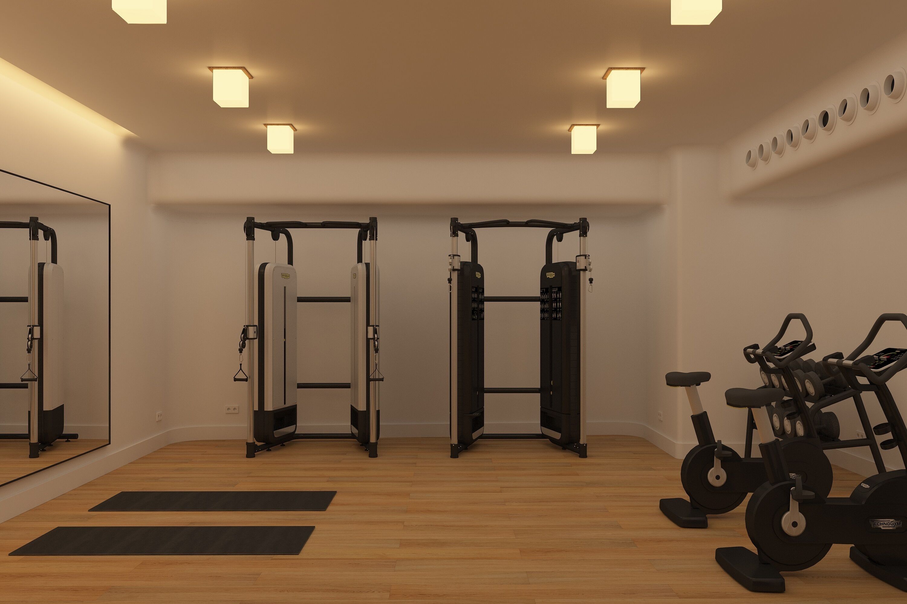 Ein Fitnessraum mit Trainingsgeräten, Holzböden und Spiegeln.