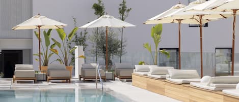 Indoor pool, outdoor pool, pool loungers