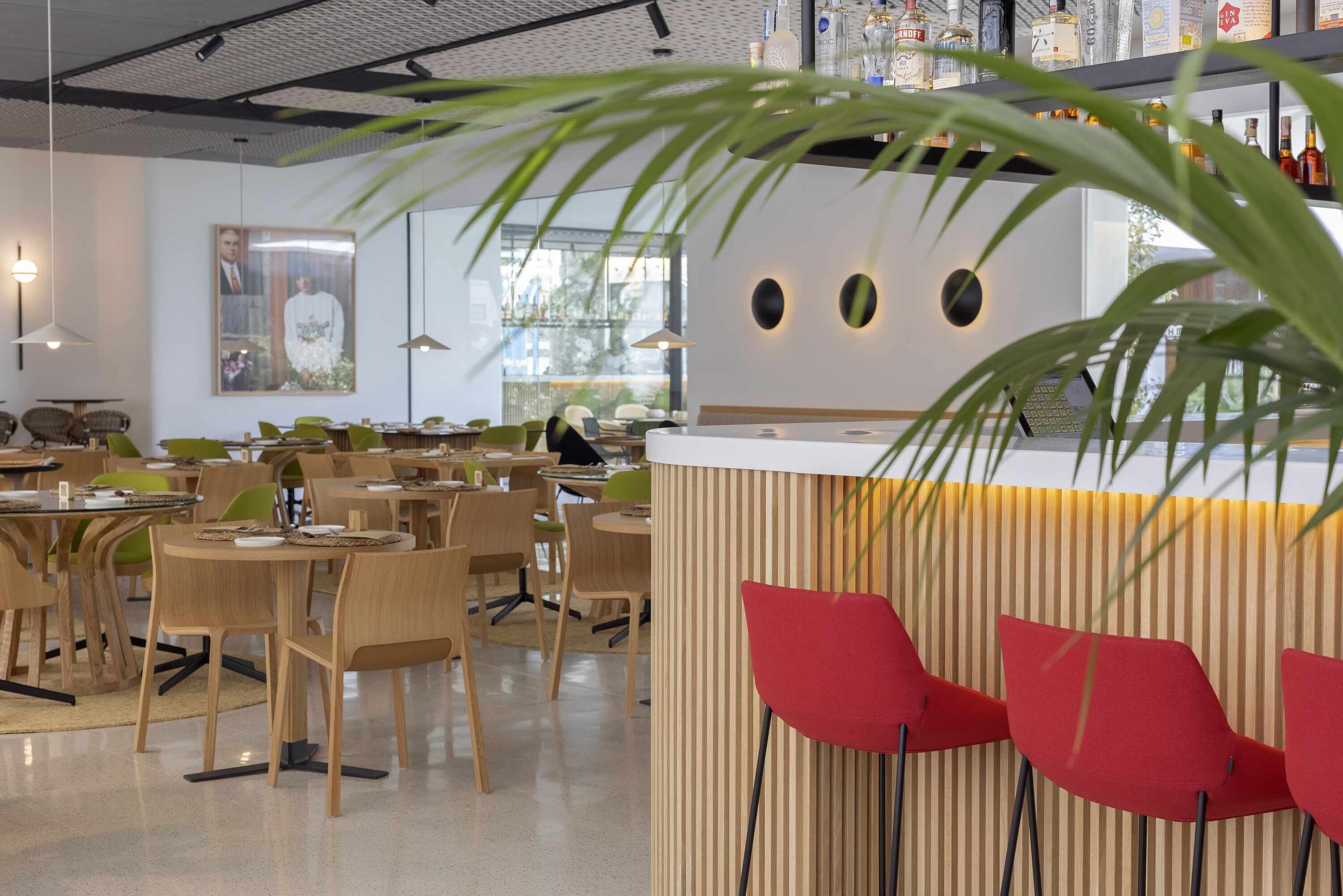A modern restaurant interior with wooden tables and chairs, a counter with red chairs, and a large potted plant in the foreground.