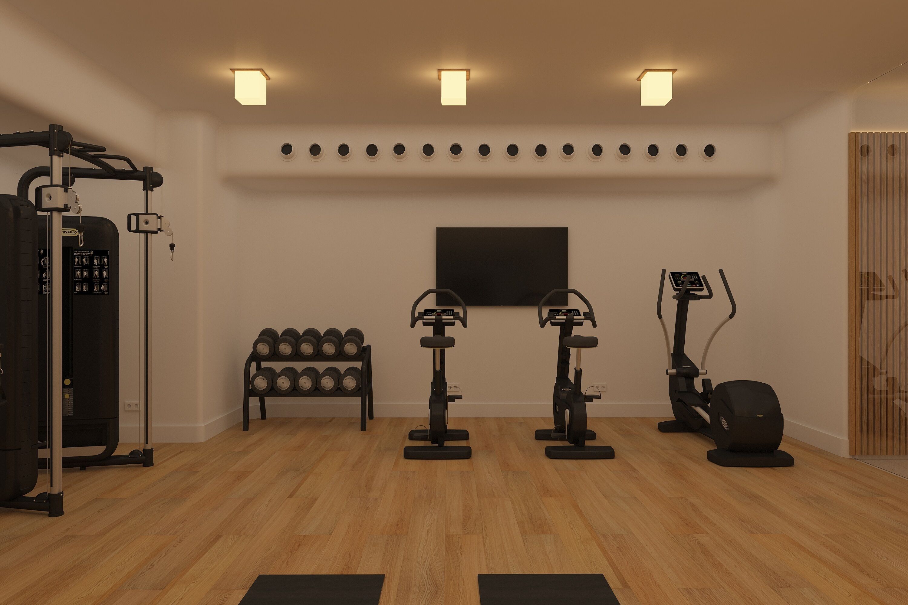 Un gimnasio con equipo de ejercicio, un televisor y una barra de mancuernas.