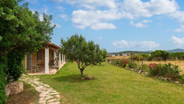 Un chemin de pierres mène à une maison dotée d’un patio couvert, entourée de verdure et sous un ciel dégagé.