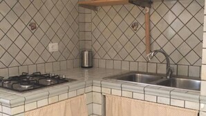 Een keuken met een gasfornuis, een spoelbak en een hangende keukenkast.
