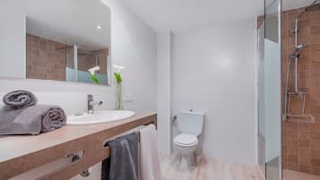 Shower, hair dryer, towels