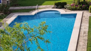 A rectangular swimming pool with a metal ladder, surrounded by a stone border and a grassy area with flowers.