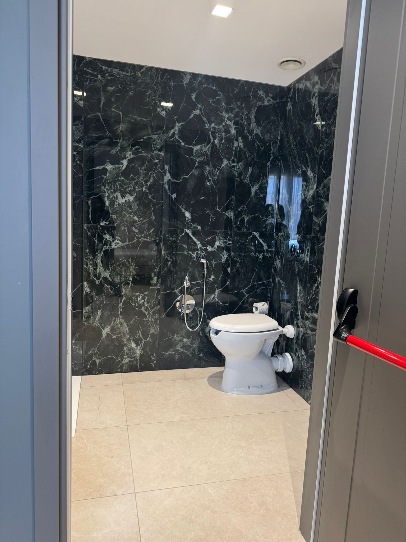 A modern bathroom with a toilet, a shower, and a marble wall.