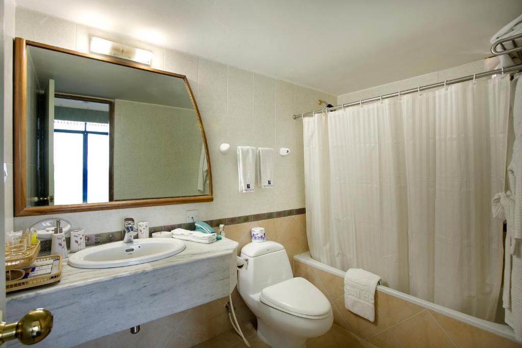 A bathroom with a sink, toilet, and shower curtain.