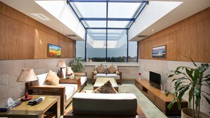 A modern living room with a skylight, comfortable seating, a fireplace, and artwork on the walls. - Seagull Hotels Ltd. (Cox's Bazar)