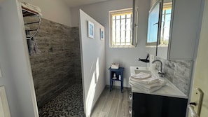 Shower, hair dryer, towels, soap