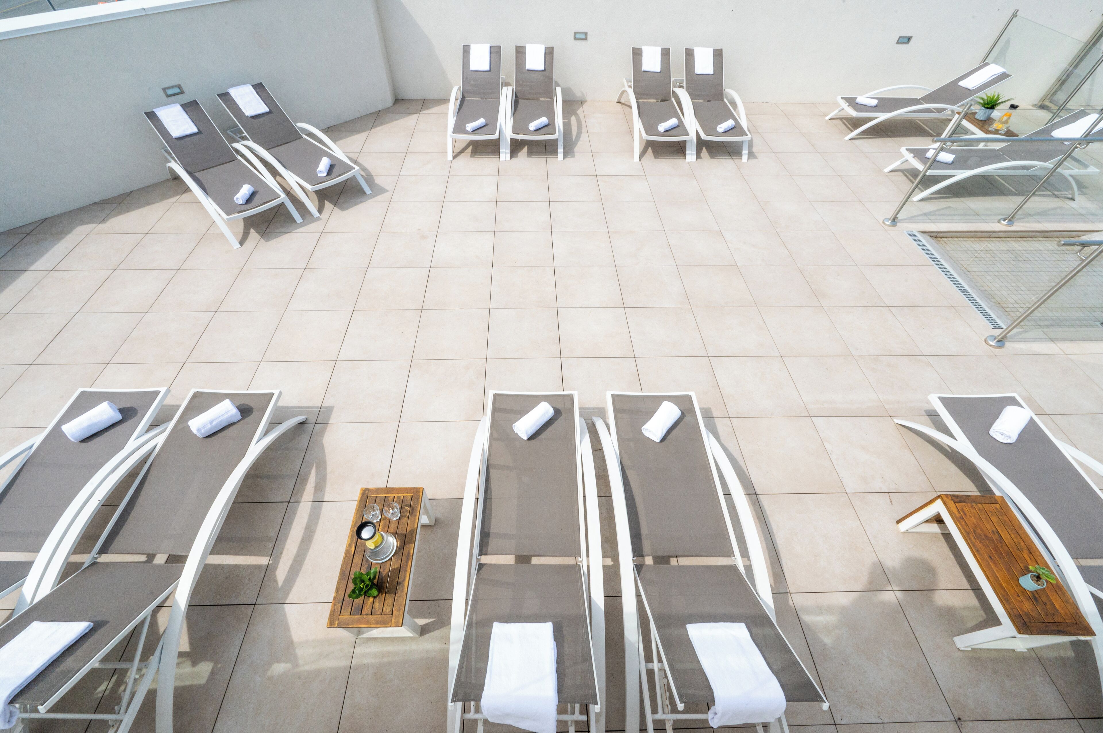 indoor pool, seasonal outdoor pool, pool loungers