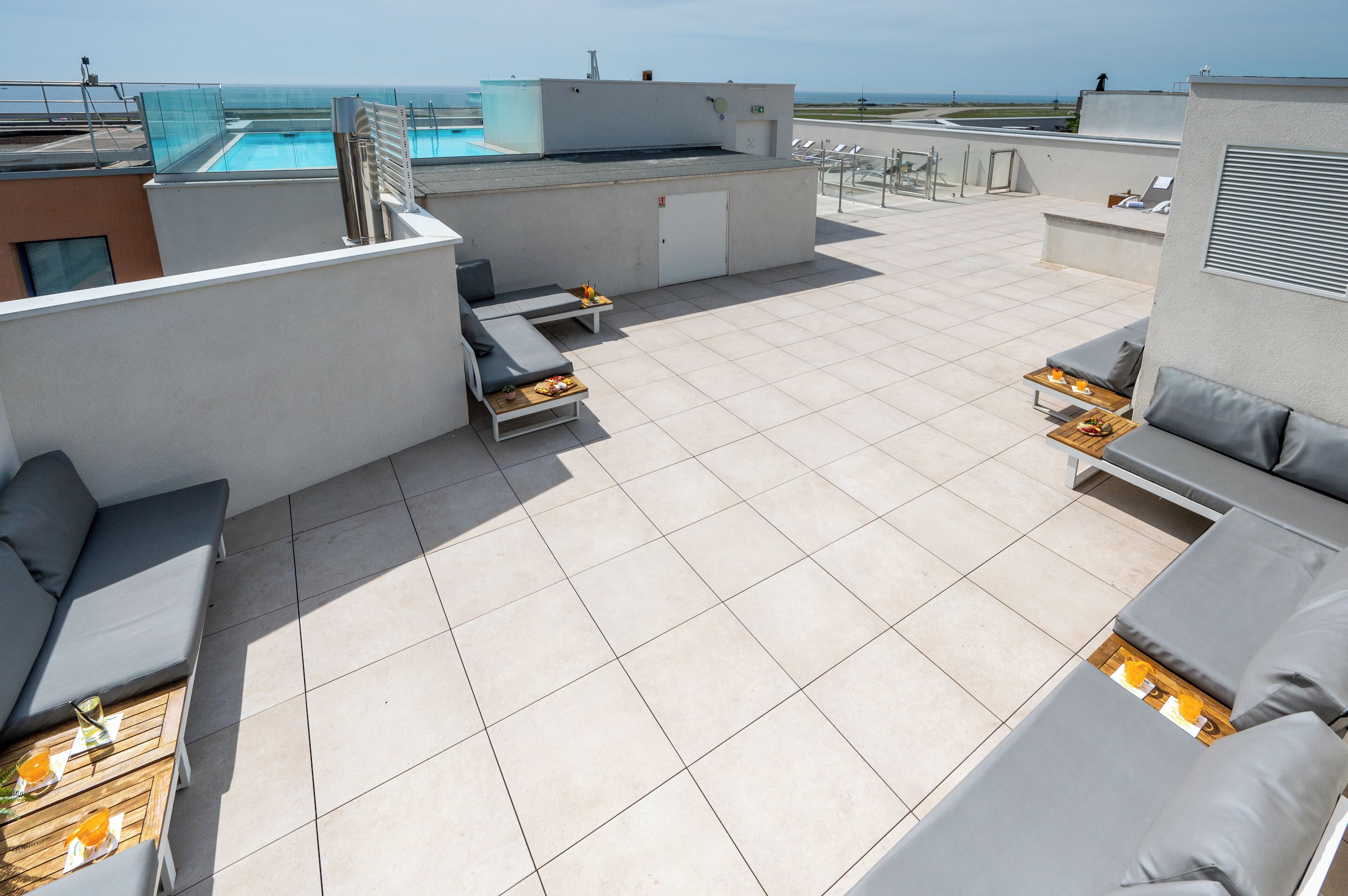 indoor pool, seasonal outdoor pool, pool loungers