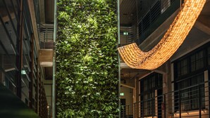 Interior moderno de edifício com jardim vertical, luminária curva e piso de vidro.