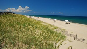 En strand med sandet bredde, græsklædte klitter og en klar blå himmel.