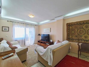 Ein Wohnzimmer mit zwei Sofas, einem Fernseher, einem Teppich und einem Wandbehang mit Muster.