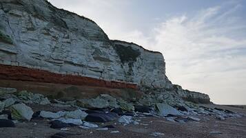 A coastal cliff with layered rock formations and a pebbled beach.