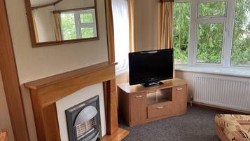 A cozy room with a fireplace, a television on a wooden cabinet, and a window with a view of greenery.