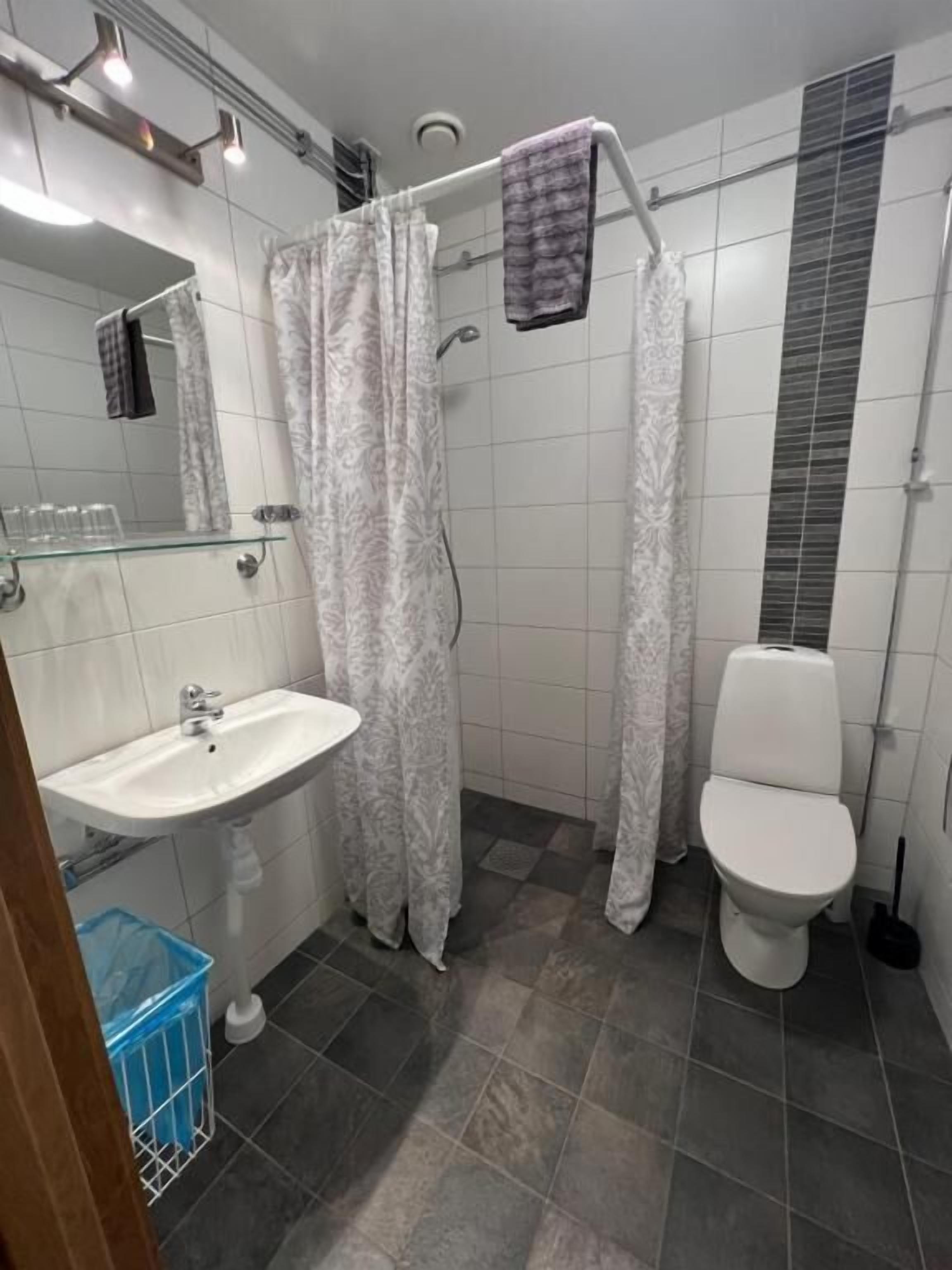 Kylpyhuone, jossa on valkoinen pesuallas, wc ja suihkuverho.