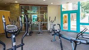 Uma academia com diversos equipamentos de exercício, uma parede de pedra e vista para um jardim através de portas de vidro.